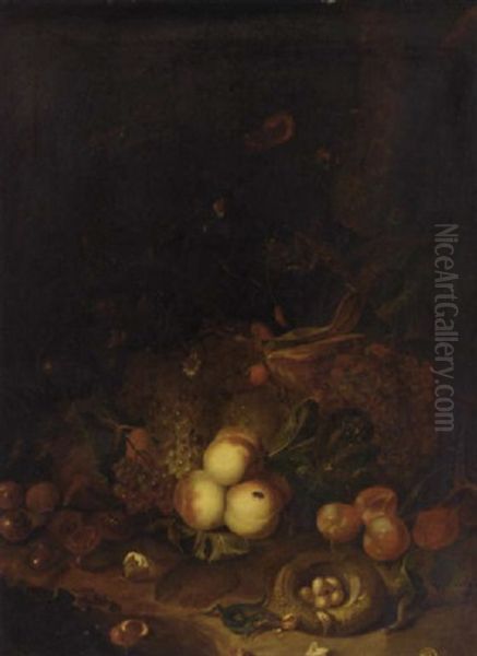 Peaches, Grapes, Chestnuts, A Melon, An Ear Of Corn, A Bird's Nest, Butterflies, A Snail, A Lizard, Crickets And Other Insects In A Clearing by Abraham Mignon