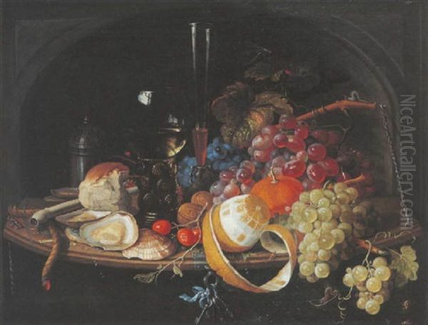 Nature Morte Aux Verres De Vin, Raisins, Pipe, Coquillages, Citron Dans Une Niche Oil Painting by Abraham Mignon