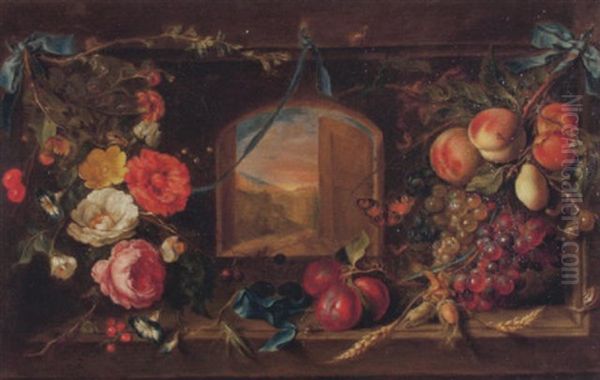 Blumen- Und Fruchtegebinde Vor Einem Fenster Mit Ausblick Auf Eine Landschaft Oil Painting by Abraham Mignon