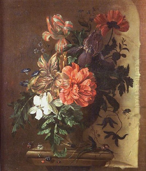 Vase De Fleurs Et Insectes Sur Un Entablement by Abraham Mignon