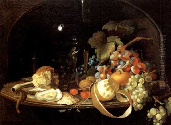 Still Life In A Niche With Fruit, Nuts, Oyster, Wine Goblet And Fluted Glass Oil Painting by Abraham Mignon