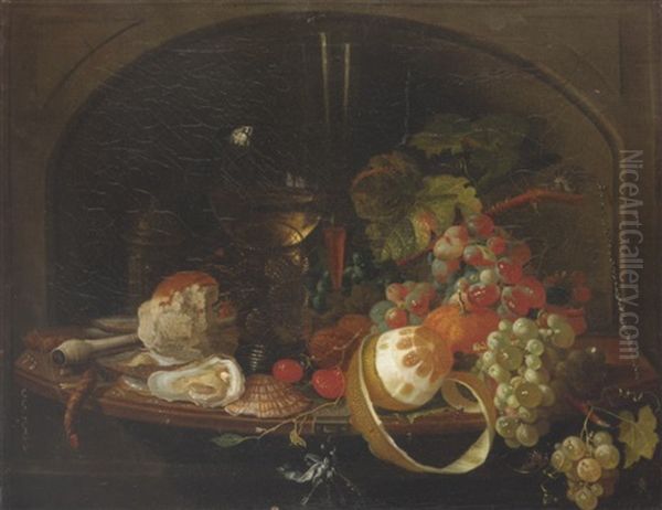 Still Life Of A Peeled Lemon, Grapes, An Orange, Cherries And Walnuts Together With A Roemer, Bread Roll, Oysters, A Clay Pipe And A Taper On A Wooden Leaf Oil Painting by Abraham Mignon