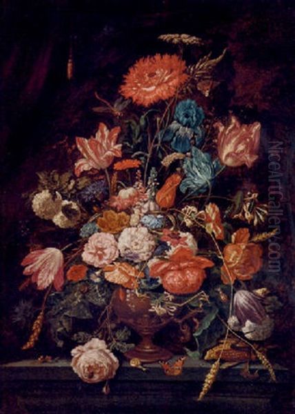 Roses, Carnations, Parrot Tulips, Narcissi And Other Flowers In An Urn On A Ledge, With A Snail, Butterfly And Dragonfly, Before A Curtain Oil Painting by Abraham Mignon