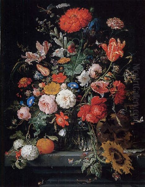 Tulips, Roses, Carnations And Other Flowers In A Glass Vase With Raspberries, An Orange, Berries, A Skull, An Hourglass With Snails And Butterflies On A Stone Pedestal Oil Painting by Abraham Mignon