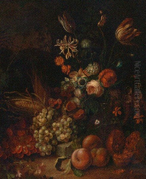 Tulip, Honeysuckle, Hydrangea, Primroses And Other Flowers In A Glass Vase Oil Painting by Abraham Mignon