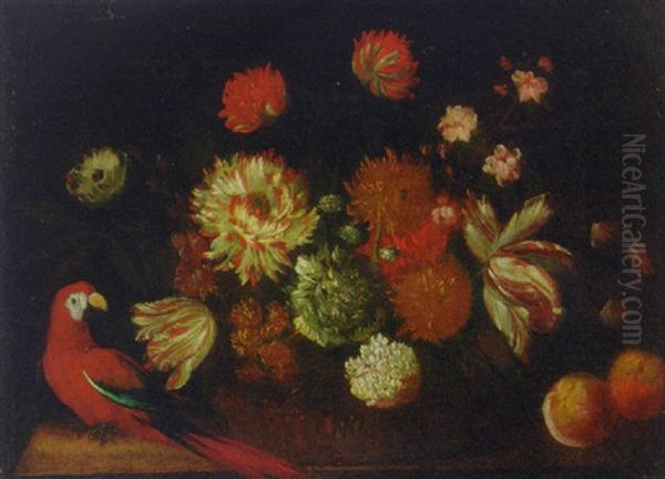 Roses, Carnations, Parrot Tulips And Other Flowers In A Basket, With Apples And A Parrot On A Ledge Oil Painting by Abraham Mignon