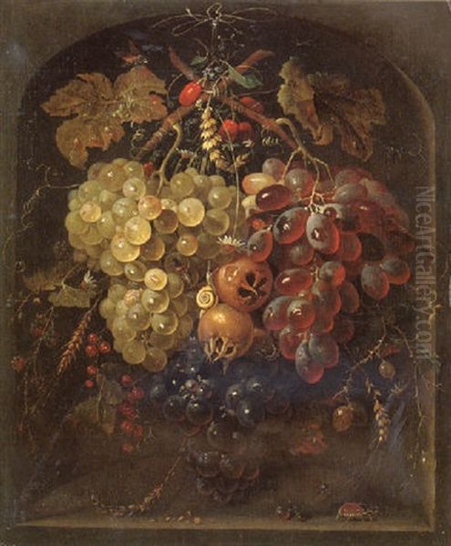 Still Life Of Grapes, Pomegranates And Vine Leaves Hung Before A Niche, With A Snail And Other Insects Oil Painting by Abraham Mignon