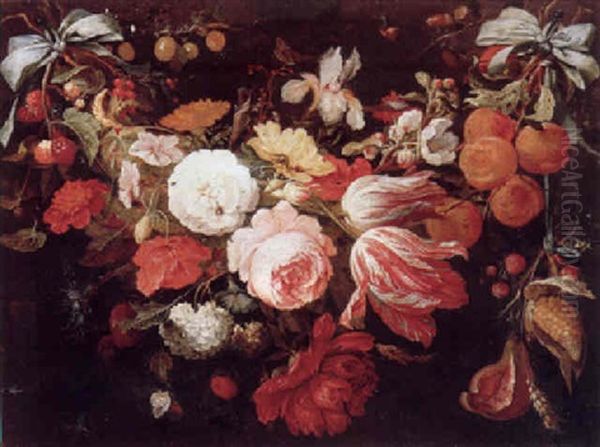 A Swag Of Flowers And Fruit With Caterpillars, Beetles, Butterflies And A Snail Oil Painting by Abraham Mignon