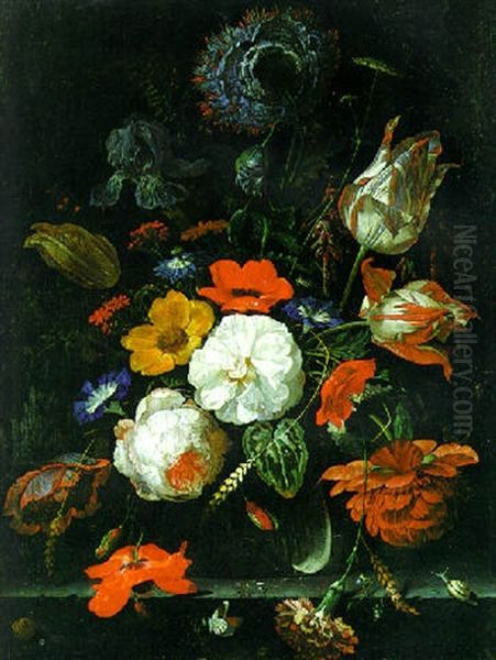 Roses, Parrot Tulips And Other Flowers With Ears Of Corn In A Glass Vase With Snails, A Spider And Insects On A Stone Shelf In An Alcove Oil Painting by Abraham Mignon