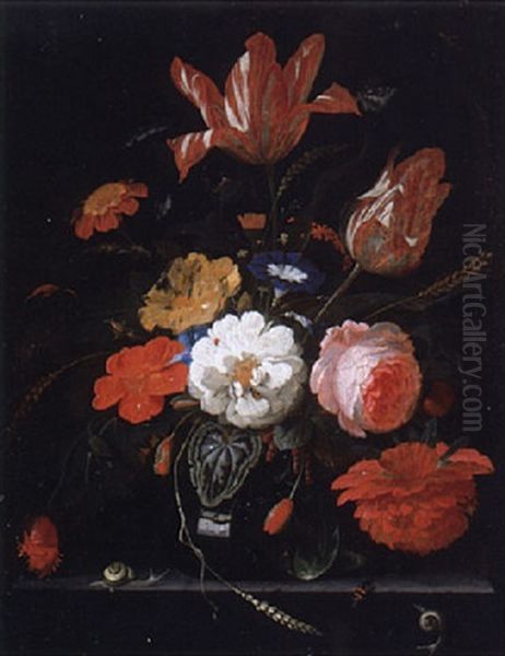 Flowers And Ears Of Wheat In A Glass Vase With Snails And A Butterfly On A Stone Ledge Oil Painting by Abraham Mignon