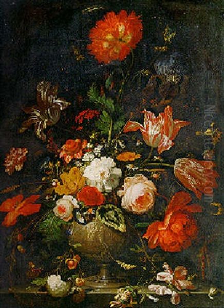 Still Life Of An Iris And Other Flowers With Snails And Insects On A Stone Ledge Oil Painting by Abraham Mignon