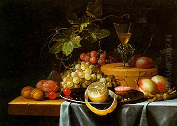 Still Life Of A Facon De Venise Goblet, A Box, A Pewter Plate And Fruit On A Draped Ledge Oil Painting by Abraham Mignon