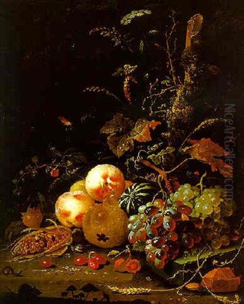 Peaches, Grapes, A Gourd, Cherries, A Corn Cob, Ears Of Corn With Butterflies, And A Snail By A Tree Stump Oil Painting by Abraham Mignon