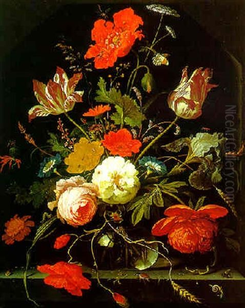 Peonies, Roses, Tulips And Poppies In A Glass Vase With Caterpillars And Other Insects On A Stone Ledge Oil Painting by Abraham Mignon