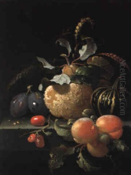 Fruchtestilleben Mit Pflaumen, Quitte, Aprikosen, Hartriegeln Und Kurbis Oil Painting by Abraham Mignon