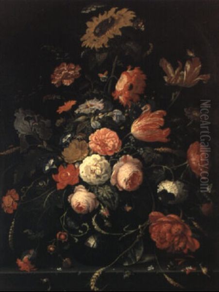 Composition Florale Avec Insectes Sur Un Entablement Oil Painting by Abraham Mignon