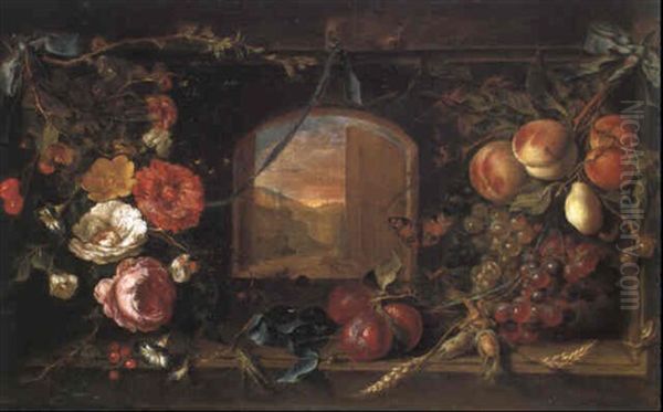 Blick Auf Landschaft Durch Ein Mit Blumen- Und              Fruechtegirlanden Geschmuecktes Fenster Oil Painting by Abraham Mignon