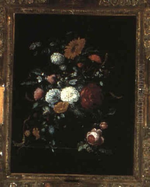 Still Life Of Flowers In A Vase On A Stone Ledge Oil Painting by Abraham Mignon