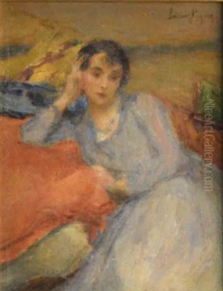 Portrait De Femme A La Robe Bleue Oil Painting by Lucien Rene Mignon