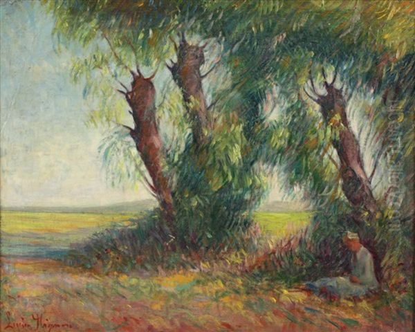 Femme Lisant Sous Les Arbres Oil Painting by Lucien Rene Mignon