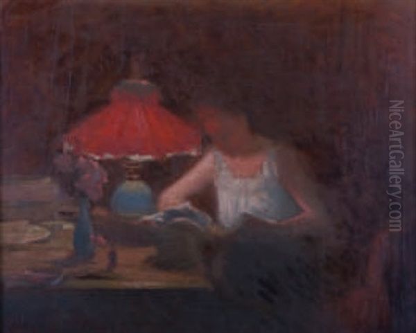 La Lecture Sou La Lampe Oil Painting by Lucien Rene Mignon