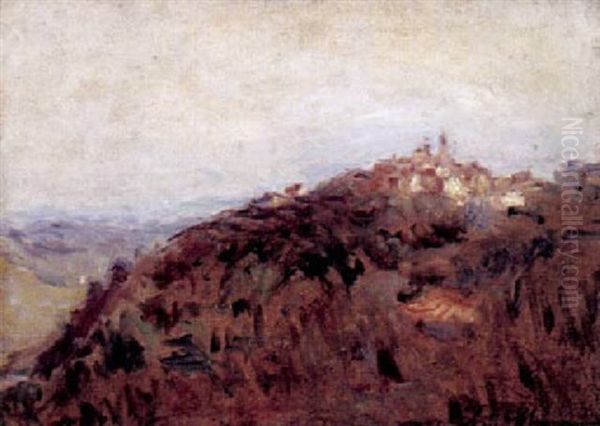 Hugelige Landschaft Mit Kleiner Stadt Im Sonnigen Licht by Lucien Rene Mignon