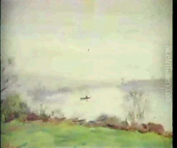 La Seine A Vetheuil Oil Painting by Lucien Rene Mignon