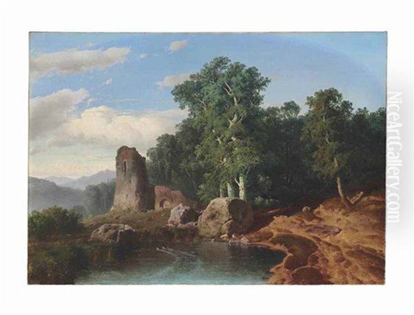 Mountain Landscape With Ruins Oil Painting by Louis Remy Mignot