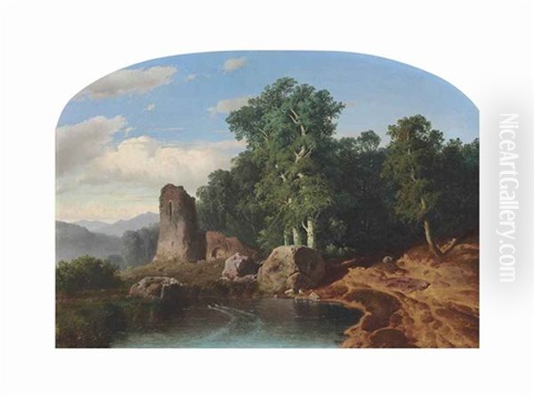 Mountain Landscape With Ruins Oil Painting by Louis Remy Mignot