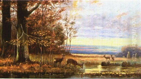 Deer At Disk Oil Painting by Louis Remy Mignot