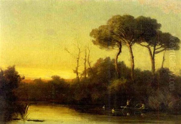 Southern Bayou Scene With Figures On A Boat Oil Painting by Louis Remy Mignot