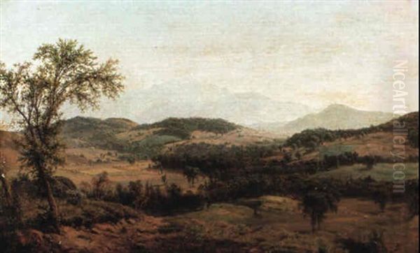 Panoramic View With Sheep Meadows And Distant Mountains Oil Painting by Louis Remy Mignot