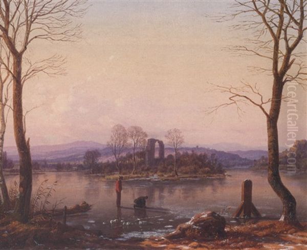 Skaters On The River Oil Painting by Louis Remy Mignot