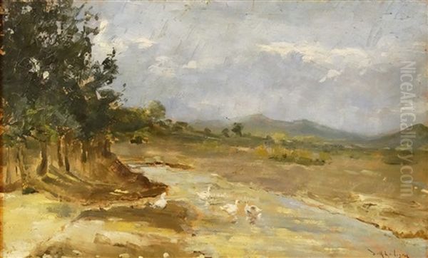 Geese At The River Oil Painting by Dimitrie Mihailescu