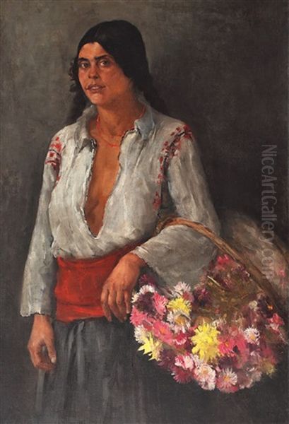 Flower Girl Oil Painting by Dimitrie Mihailescu