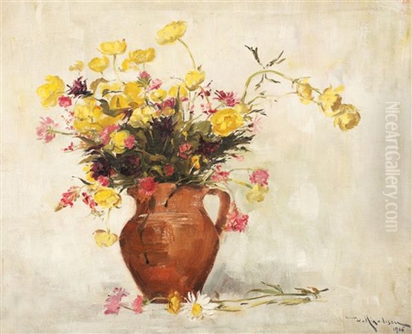 Pot With Yellow Flowers Oil Painting by Dimitrie Mihailescu