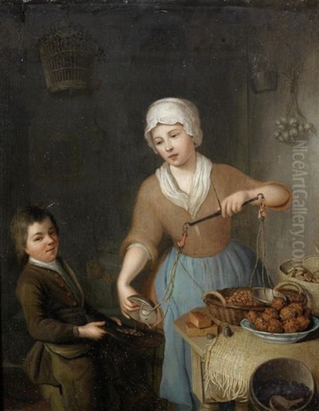 A Maid And A Boy Weighing Hazelnuts Oil Painting by Hieronymus van der Mij