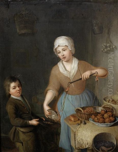 A Maid And A Boy Weighing Hazelnuts Oil Painting by Hieronymus van der Mij