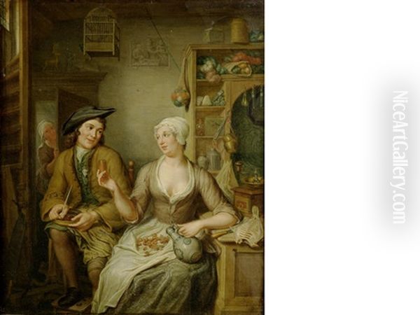 A Man And Woman Smoking, Drinking And Cracking Nuts In An Interior Oil Painting by Hieronymus van der Mij