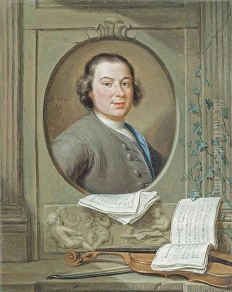 Portrait Of Anton Wilhelm Solnitz (c. 1708-1752), In A Sculpted Niche, With A Violin And Musical Scores Oil Painting by Hieronymus van der Mij