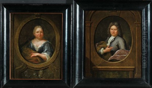 Damen- Und Herrnportrait In Gemalter Holzeinfassung Mit Allegorischer Ausschmuckung (pair) Oil Painting by Hieronymus van der Mij