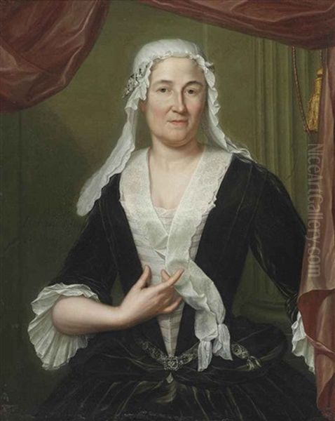 Portrait Of A Lady, Half-length, In A Dark Green Velvet Dress And White Chemise, Wearing A White Headdress Oil Painting by Hieronymus van der Mij