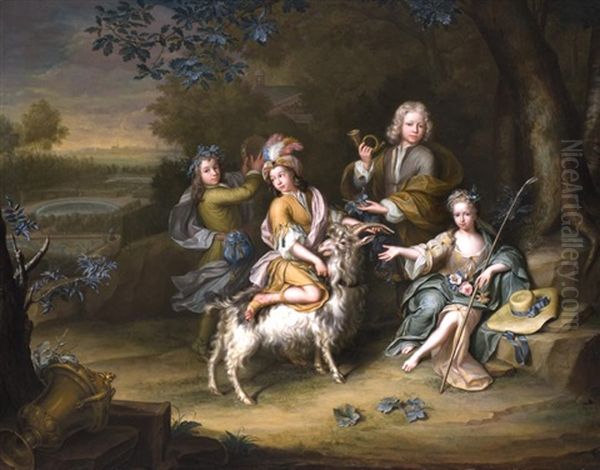 Kinder In Jagdkleidung Mit Ziegenbock Oil Painting by Hieronymus van der Mij