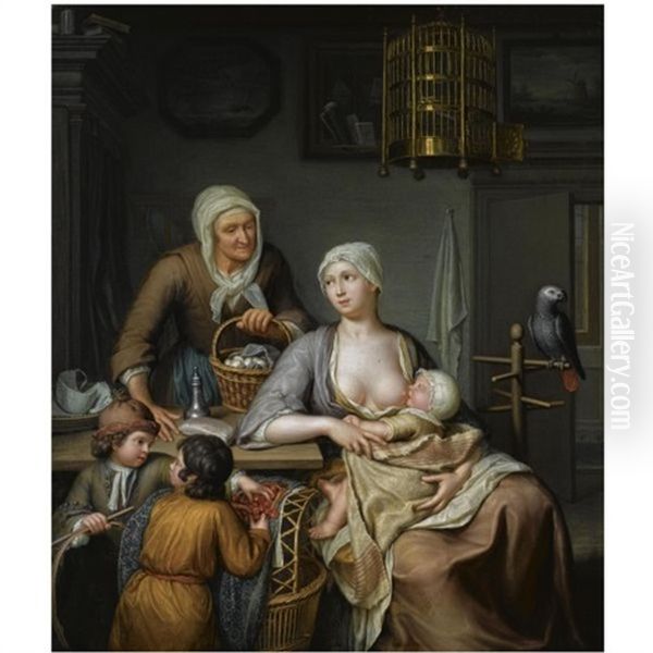 A Mother Nursing A Child In An Interior, Together With Two Young Boys Taking Cherries And An Elderly Woman Bringing A Basket With Eggs Oil Painting by Hieronymus van der Mij