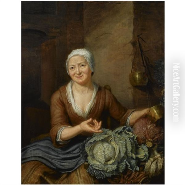 A Woman In A Barn Interior With Cabbages And Carrots Oil Painting by Hieronymus van der Mij