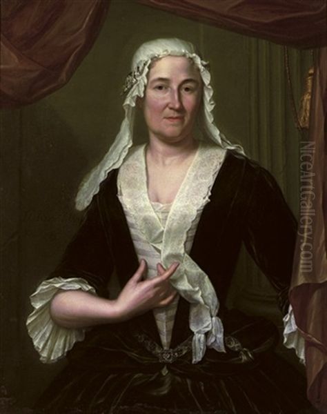 Portrait Of A Lady In A Dark Green Velvet Dress And White Chemise, Wearing A White Headdress Oil Painting by Hieronymus van der Mij