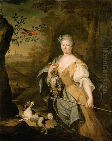 Portrait Of A Lady Standing In A Wooded Landscape With A Spaniel And A Perroquet In A Tree Nearby Oil Painting by Hieronymus van der Mij