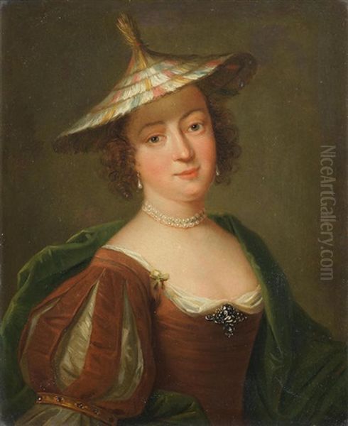 Portrait Of A Lady, Half-length, In A Red Dress And Oriental Hat Oil Painting by Herman van der Mijn