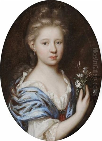 Portrait De Jeune Fille Tenant Un Bouquet De Fleurs Oil Painting by Herman van der Mijn