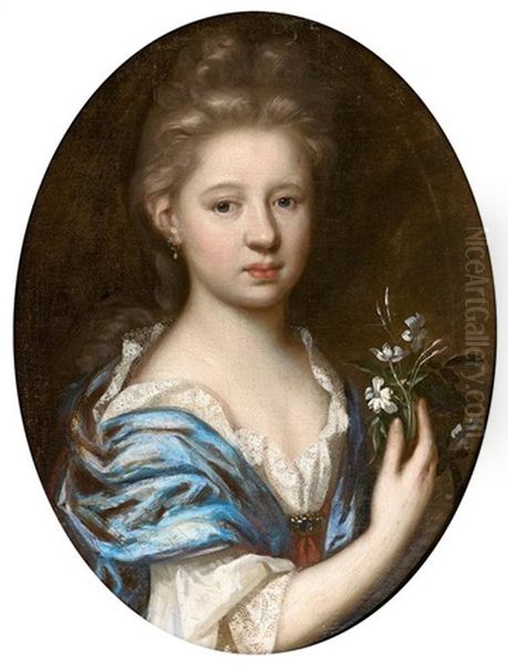 Portrait De Jeune Fille Tenant Un Bouquet De Fleurs Oil Painting by Herman van der Mijn